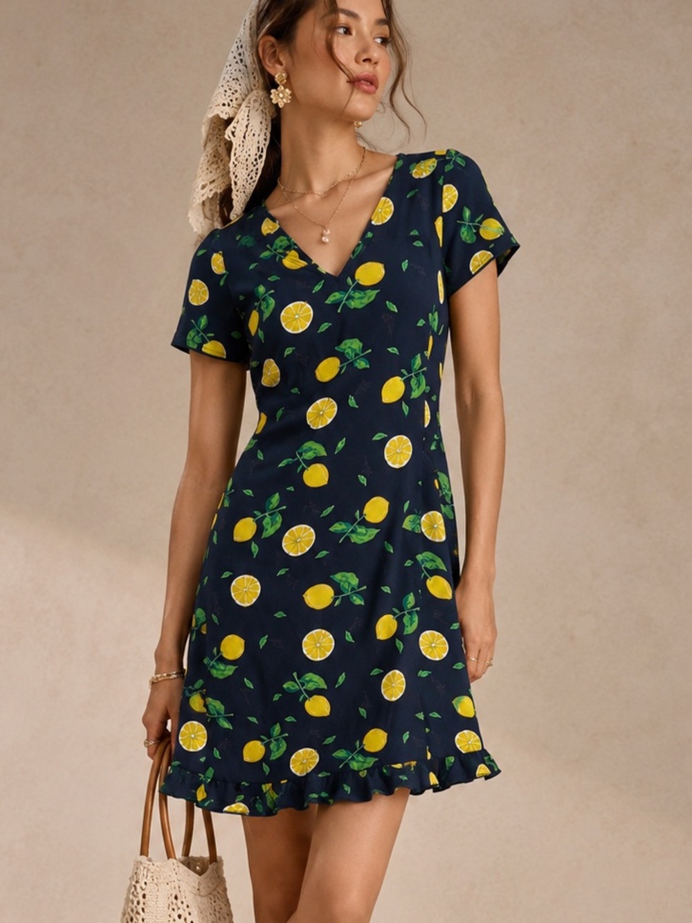 Vintage CDC 90’s Lemon Fruit Novelty Print Mini Dress size 8 Navy Blue & Yellow